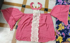 Pink Crochet Detail Off-Shoulder Top