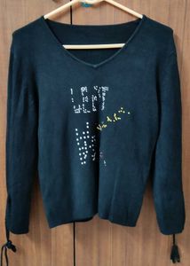 Black V-Neck Embellished T.Shirt
