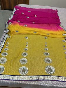 Pink &amp; Yellow Embellished Saree