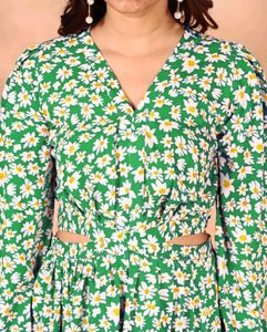 Woman Green Flower  Print Dress