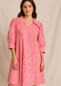 Pink Cotton Eyelet A-Line Dress with Puff Sleeves