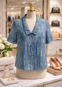 Abstract Blue Green Wavy Stripe Collared Shirt