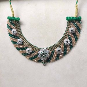 925 Silver Green&amp; Cream Beads Necklace