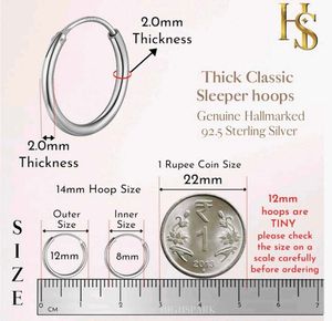 925 Silver Hoop Earrings 12mm Diameter 2mm Thick