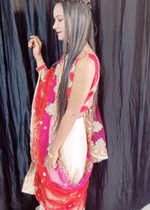 Red and Cream Embroidered Chaniya Choli