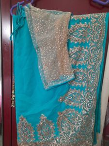Teal &amp; Gold Embroidered Saree