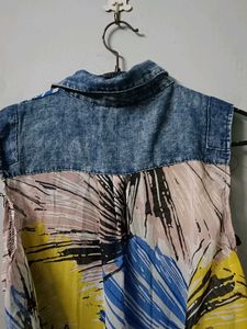 Abstract Print Denim Accent Dress