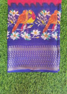 Red &amp; Blue Bird Print Saree