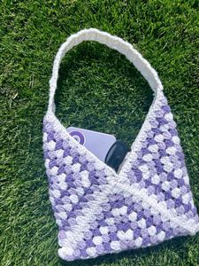 Handmade Crochet Tote Bag - Pink &amp; White