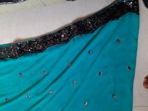 Sky Blue Heavy Net Work Saree With Blouse