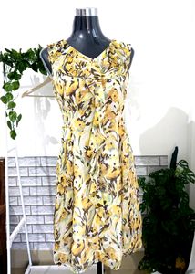 Yellow Ruffled Printed Knee Length Dress