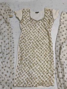 Cream &amp; Gold Patiala Salwar Suit And Dupatta Set