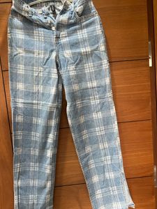 Blue Plaid Denim Jeans