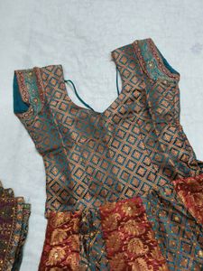 Teal &amp; Red Lehenga Set