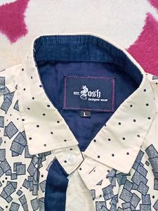 Beige Polka Dot / Cobalt Abstract Panel Shirt