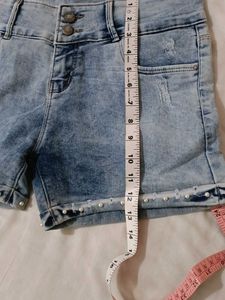 Denim Shorts with Pearl Detail