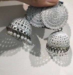 White Silver Jhumka Earrings with Pearl Drops