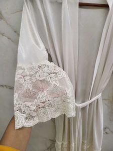 White Lace Trim Satin Night Robe