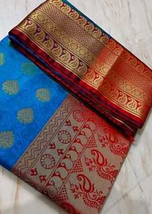 Elegant Red &amp; Gold  And Blue Silk Banarasi Saree