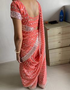 ❤🌸Beautiful Embroidered Coral Saree🎉