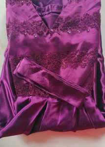 “Elegant Purple Silk Gown with Lace Sleeves