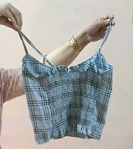 Blue Checkered Smocked Crop Top