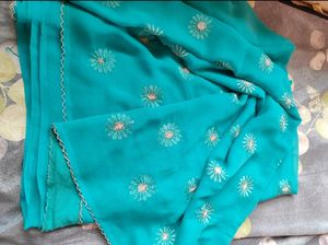 Cyan Fancy Floral Print Saree(Women)