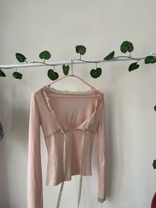 Pink Lace Trim Long Sleeve Top