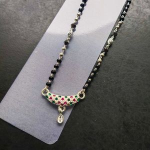 Pure Silver Beautiful Green &amp; Pink CZ Mangalsutra