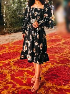 Floral Print Smocked Black Dress