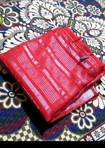 Red &amp; Silver Striped Saree
