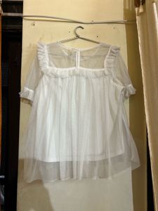 White Ruffle Detail Mesh Top