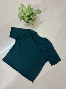 Green Ribbed Ruffle Hem Tee