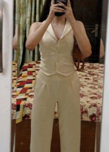 Set of 2-Beige kotty style top with flared pants