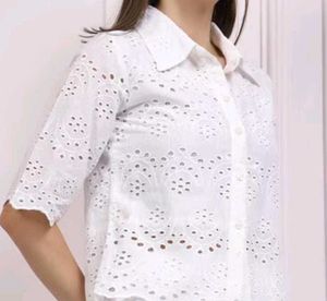 White Eyelet Button-Down Blouse