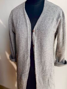 Long Gray Knit Cardigan with a belt