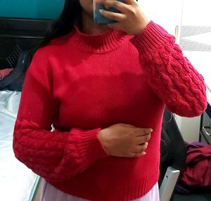Jealous 21 Red Sweater Top With Patterns On Sleave