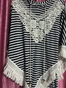 Striped Poncho with Lace Details