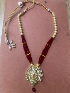 Maroon, Yellow pearls Beaded Necklace