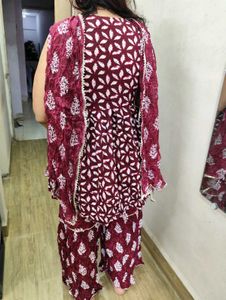 Maroon &amp; White Sharara Set