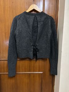 Grey Lace-Up Knit Sweater