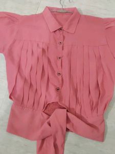 Pink Pleated Button-Down Top