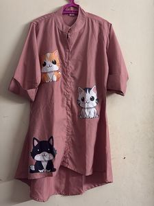 Cute Cat Print Button-Down Top