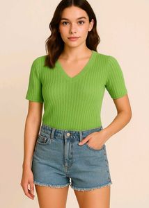 Green Ribbed V-Neck Top