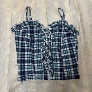 Navy Blue And Off White Checked Ruffles Crop Top