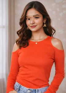 Orange Cold Shoulder Long Sleeve Top || celebritie