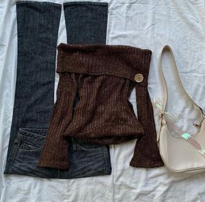 Brown Off-shoulder Knit