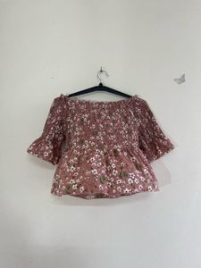 Smocked/shirred Off Shoulder Floral Top