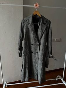 Plaid Grey Check Double Breasted Trench Coat