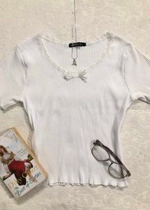 Cute White Ribbed Crop Top🫶(size L)